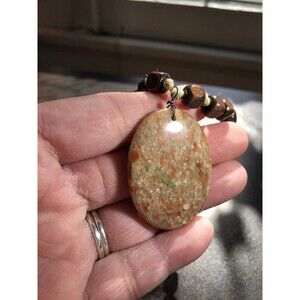 Autumn Jasper Stone Pendant Necklace w Square Wooden Beads Boho Handmade Hippie